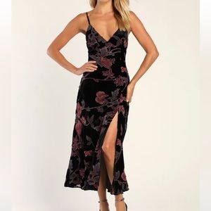 Divine Allure Black Floral Burnout Velvet Midi Dress